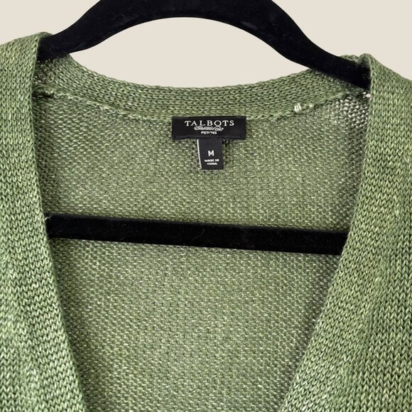 Talbots 100% Linen Green Loose Knit Button V Neck Cardigan 3/4 Sleeve Size M - Picture 2 of 8